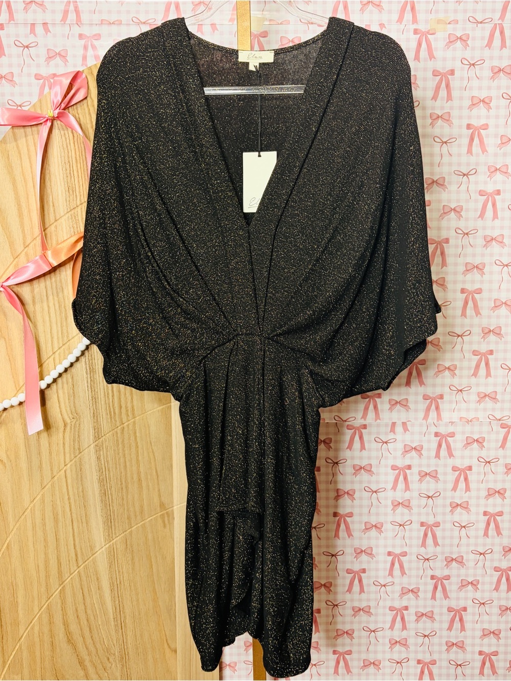 Elan Black & Metallic Gold Glitter Gathered Dolman Sleeve Mini Dress NWT Large